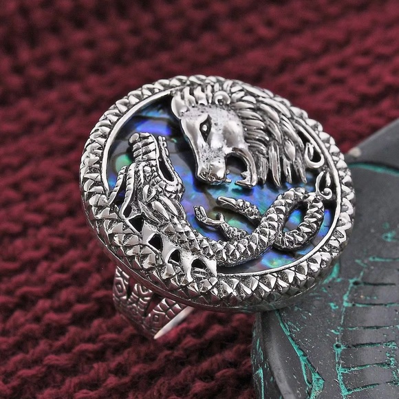 🐉 Abalone Shell Dragon and Lion Ring 🦁 in Sterling Silver Sz.7 - Picture 1 of 14